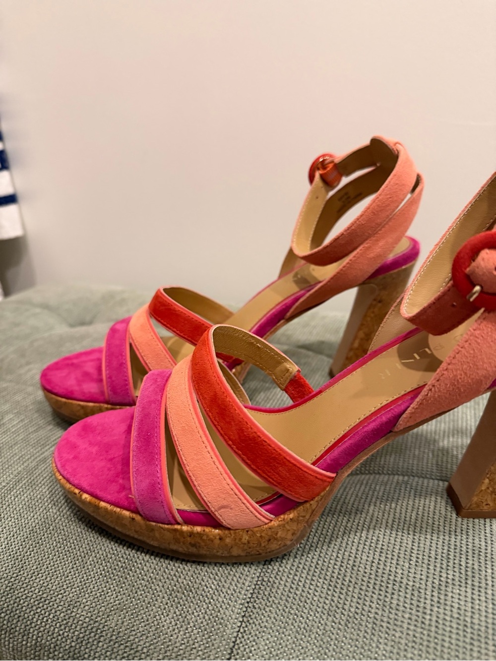 Donald J. Pliner Pink, Coral & Magenta Suede Cork Wedge Sandals - Picture 4 of 6